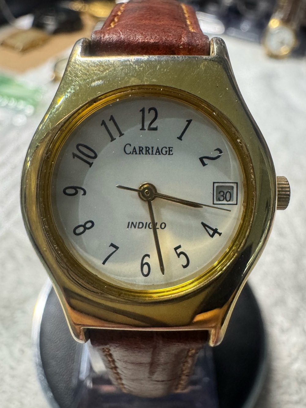 Carriage Gold Case White Dial Brown Strap Watch - Indiglo